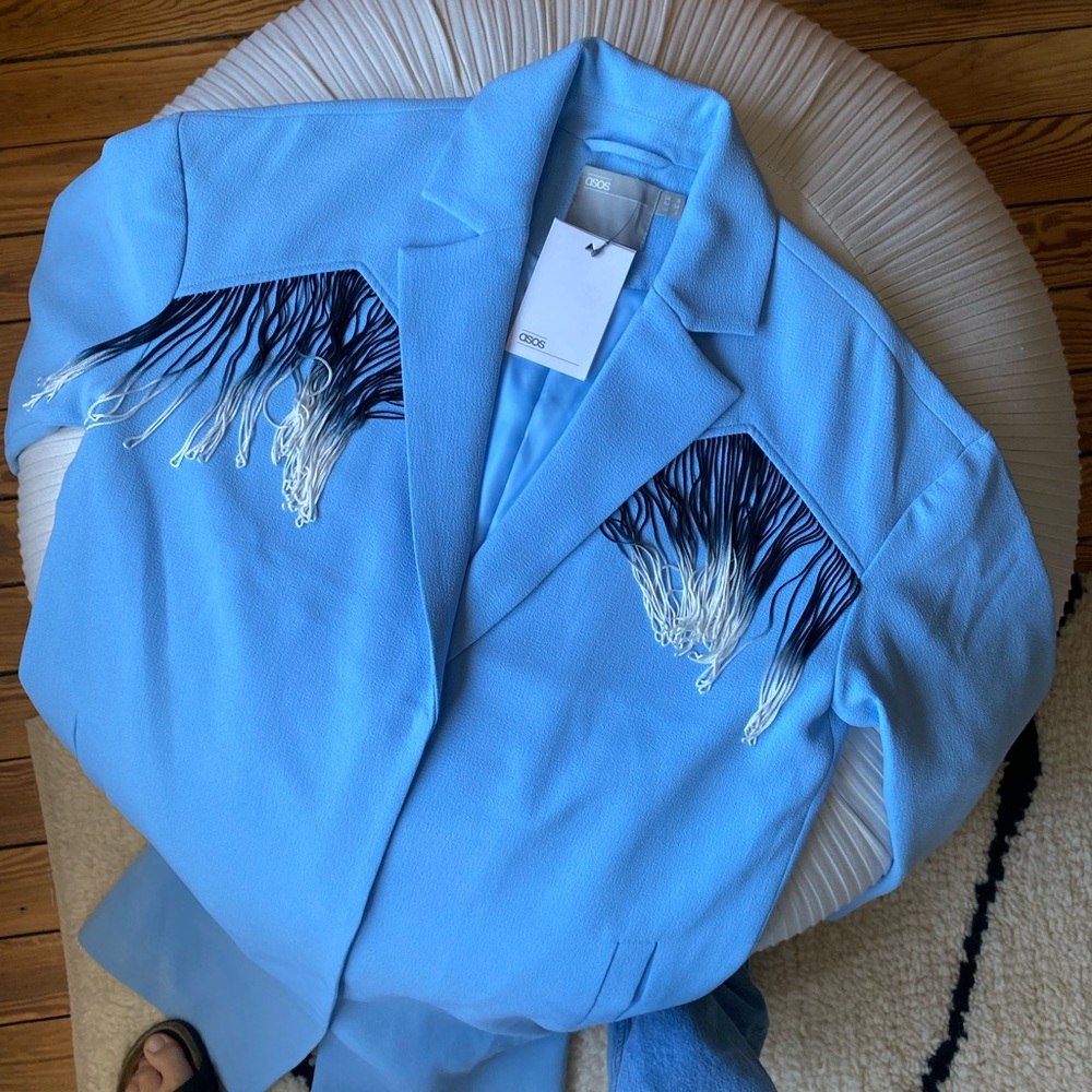 ASOS Design Sky Blue Fringe Trench Coat Jacket NWT